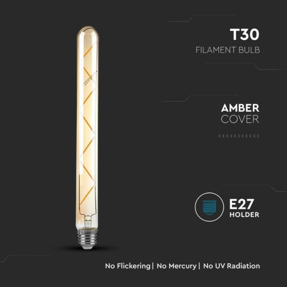V-TAC 7W borostyán E27 meleg fehér filament T30 LED égő, 100 Lm/W - SKU 217144