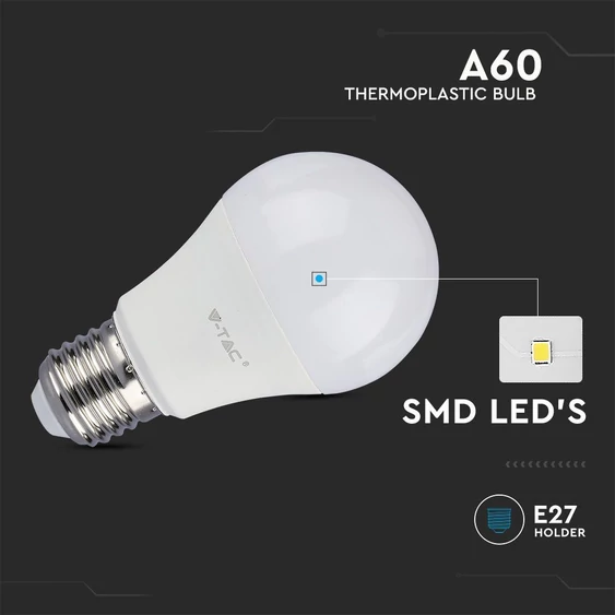 V-TAC 8.5W E27 hideg fehér A60 LED égő, 95 Lm/W - SKU 21230