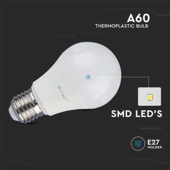 V-TAC 8.5W E27 meleg fehér A60 LED égő, 95 Lm/W - SKU 21228