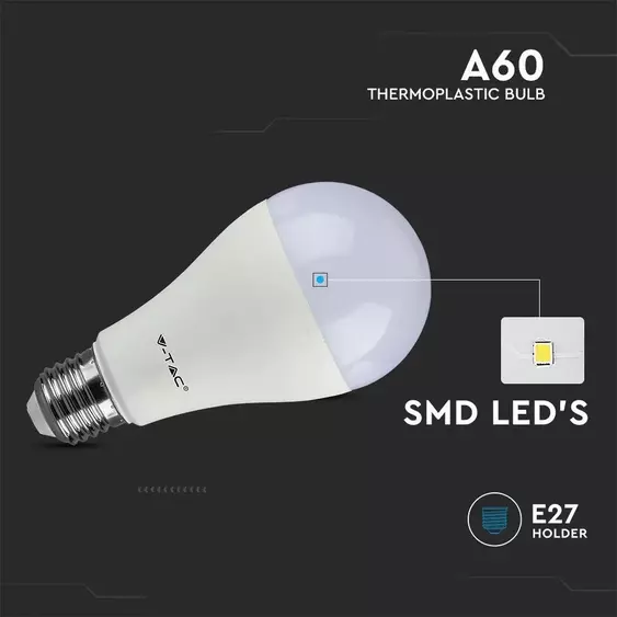 V-TAC 8.5W E27 meleg fehér A60 LED égő csomag (3 db) - SKU 217240