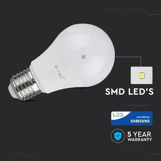 V-TAC 8.5W E27 meleg fehér LED égő - SKU 252