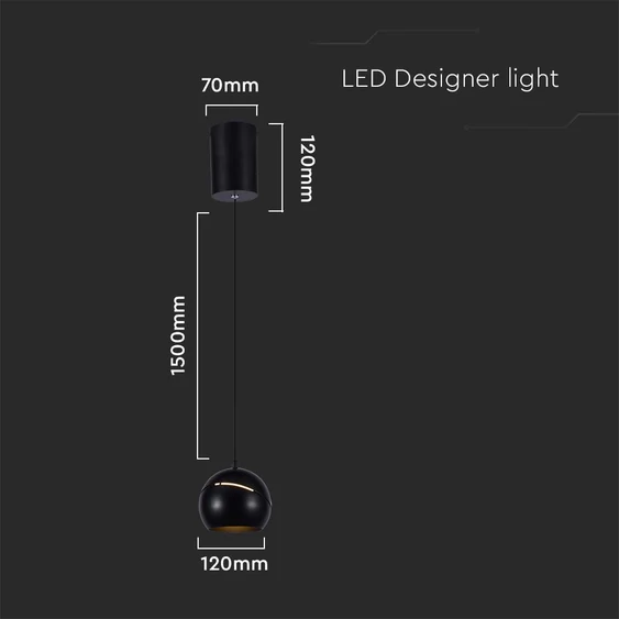 V-TAC 8.5W gömbcsillár díszcsíkkal, 120°, fekete házzal, meleg fehér, 100 Lm/W - SKU 7998