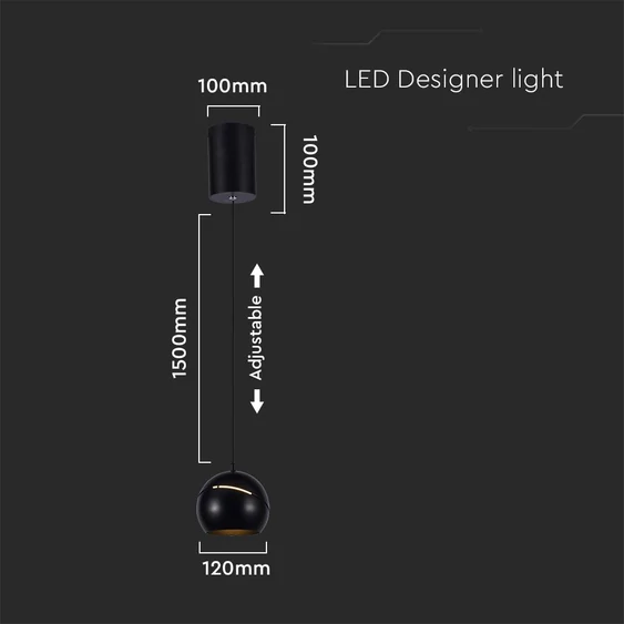 V-TAC 8.5W gömbcsillár, fekete házzal, érintéssel vezérelhető, meleg fehér, 100 Lm/W - SKU 8001