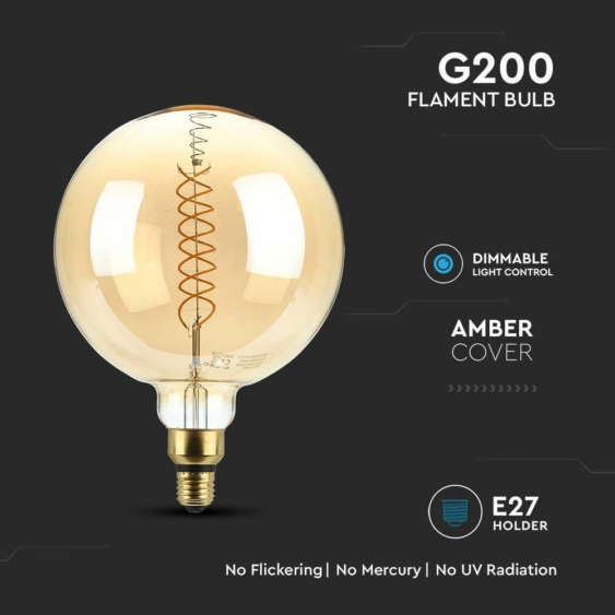 V-TAC 8W borostyán E27 G200 dimmelhető filament LED égő, 1800K - SKU 217462
