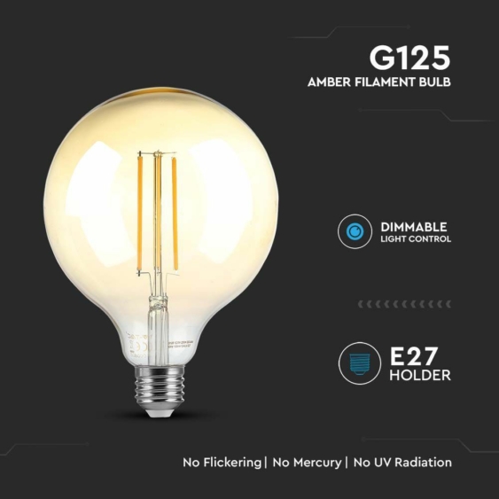 V-TAC 8W borostyán E27 meleg fehér dimmelhető filament G125 LED égő - SKU 217155
