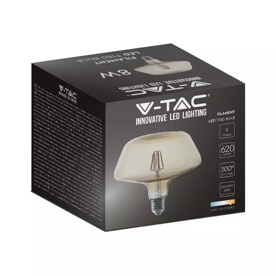 V-TAC 8W borostyán E27 meleg fehér filament T180 LED égő - SKU 212790