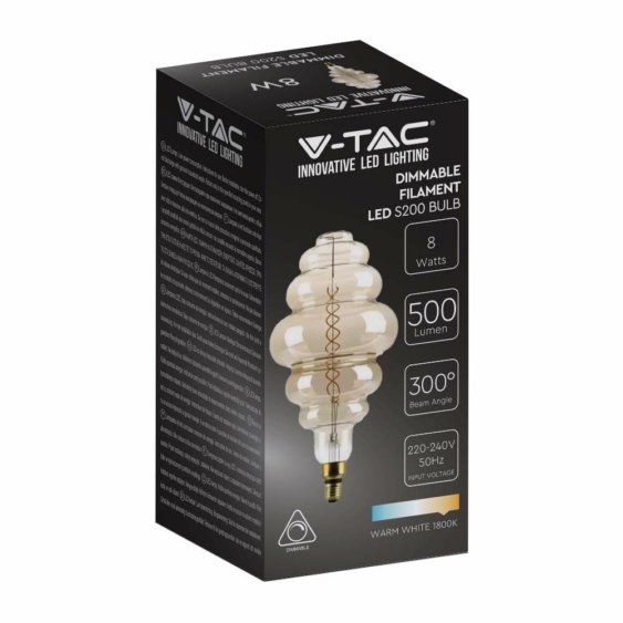 V-TAC 8W füstözött E27 meleg fehér dimmelhető spirál filament S200 LED égő - SKU 217465