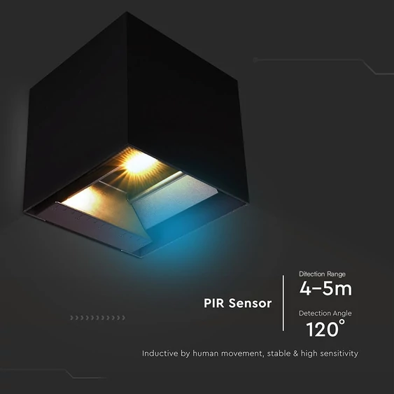 V-TAC 9W COB LED szolár fali fekete lámpa, szenzorral, állítható színhőmérséklettel - SKU 23770