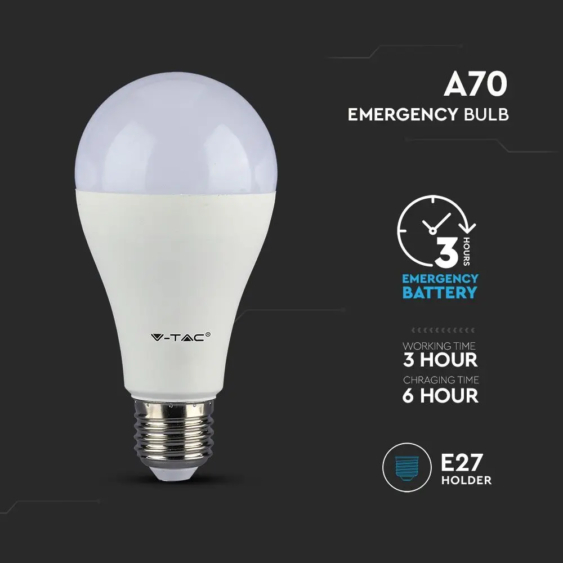 V-TAC 9W E27 hideg fehér akkumulátoros LED égő vészvilágító funkcióval - SKU 2373