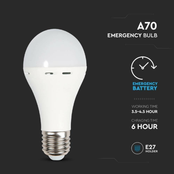 V-TAC 9W E27 természetes fehér akkumulátoros A70 LED égő vészvilágító funkcióval - SKU 7010