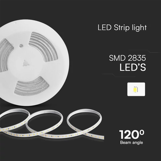 V-TAC AC230V LED szalag IP65 SMD 2835 chip 120 db/m meleg fehér, 10m/tekercs - SKU 23727