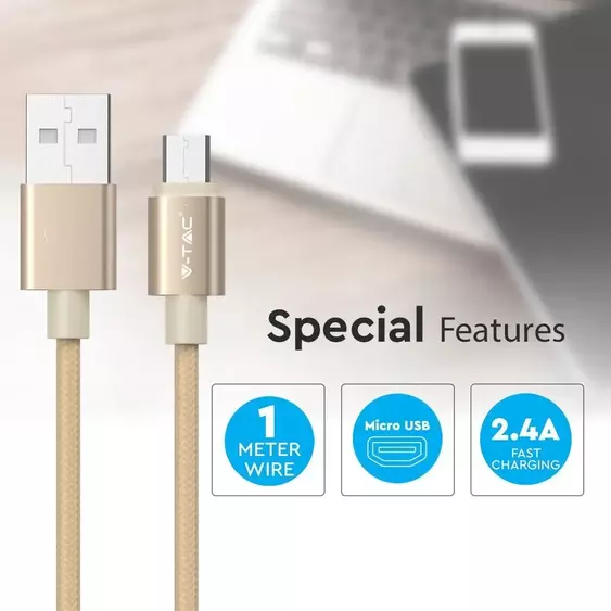 V-TAC arany, USB - Micro USB 1m hálózati kábel - SKU 8490