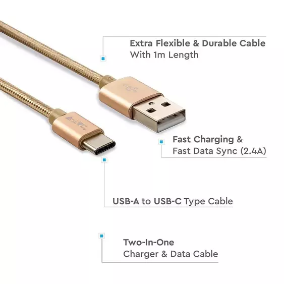 V-TAC arany, USB - Type-C 1m hálózati kábel - SKU 8493