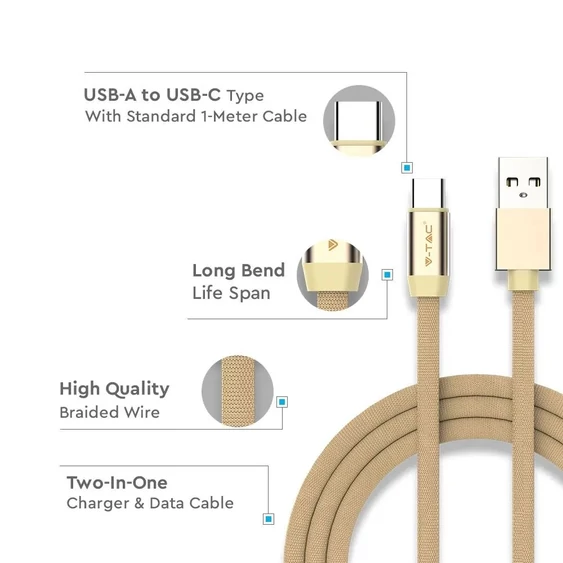 V-TAC arany, USB - Type-C 1m hálózati kábel - SKU 8499