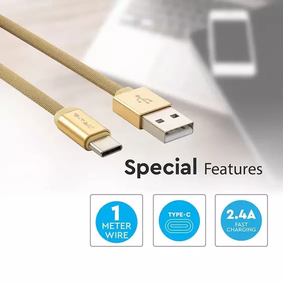 V-TAC arany, USB - Type-C 1m hálózati kábel - SKU 8499