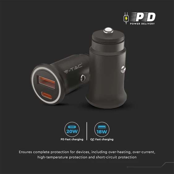 V-TAC autós szivargyújtós gyorstöltő, Power Delivery, USB és Type-C csatlakozóval - SKU 7744