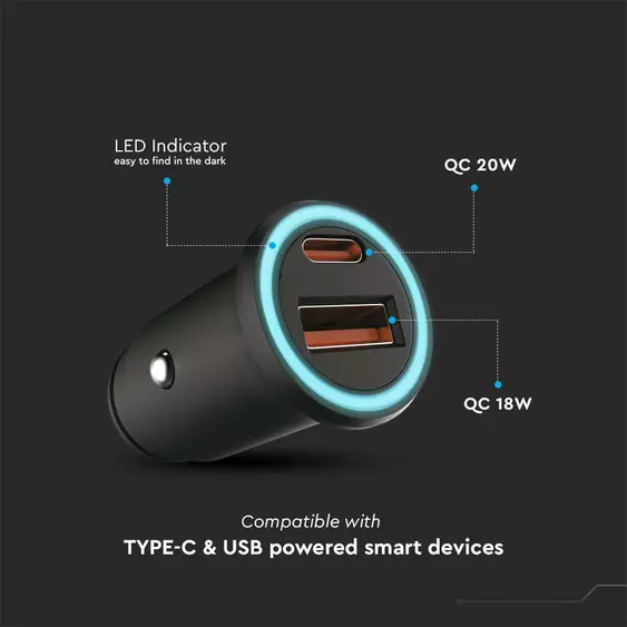 V-TAC autós szivargyújtós gyorstöltő, Power Delivery, USB és Type-C csatlakozóval - SKU 7744