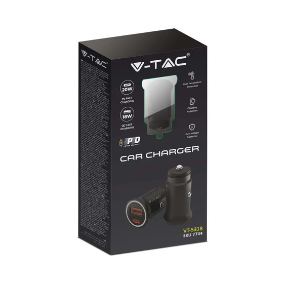 V-TAC autós szivargyújtós gyorstöltő, Power Delivery, USB és Type-C csatlakozóval - SKU 7744