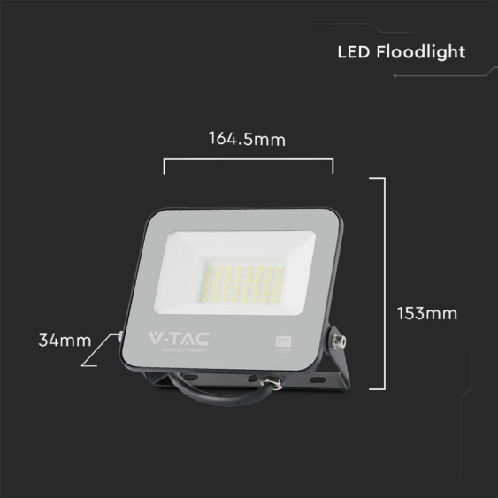 V-TAC B-széria LED reflektor 30W hideg fehér 185 Lm/W, fekete ház - SKU 9891