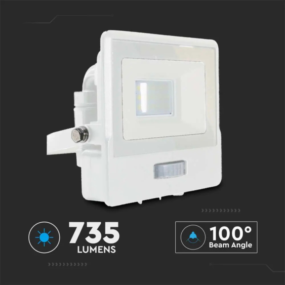 V-TAC beépített mozgásérzékelős LED reflektor 10W hideg fehér, fehér házzal - SKU 20270