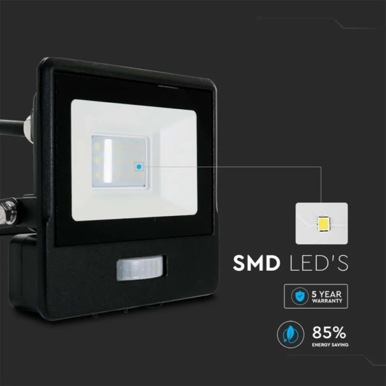 V-TAC beépített mozgásérzékelős LED reflektor 10W hideg fehér, fekete házzal - SKU 20282
