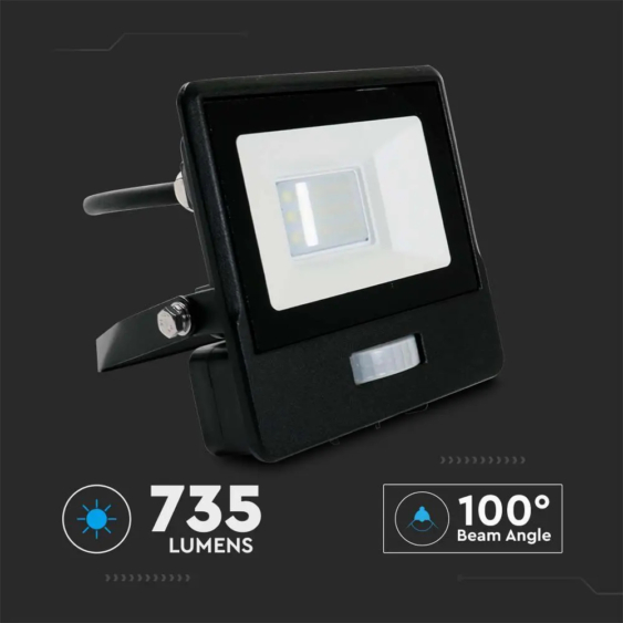V-TAC beépített mozgásérzékelős LED reflektor 10W hideg fehér, fekete házzal - SKU 20282