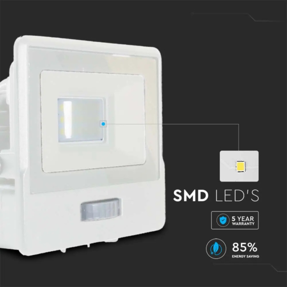 V-TAC beépített mozgásérzékelős LED reflektor 10W meleg fehér, fehér házzal - SKU 20268