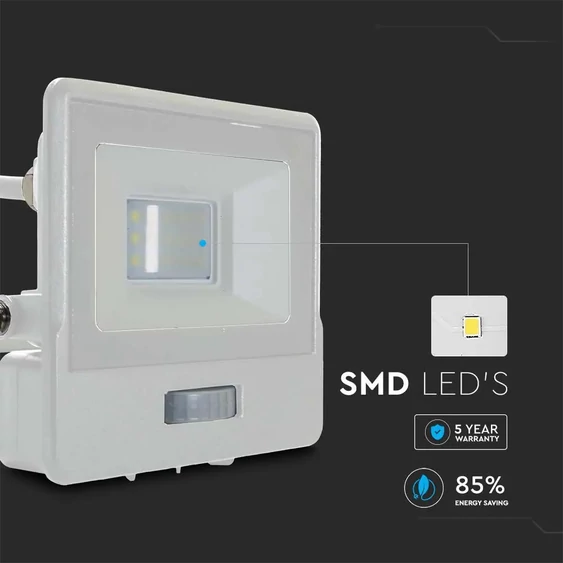 V-TAC beépített mozgásérzékelős LED reflektor 10W meleg fehér, fehér házzal - SKU 20292