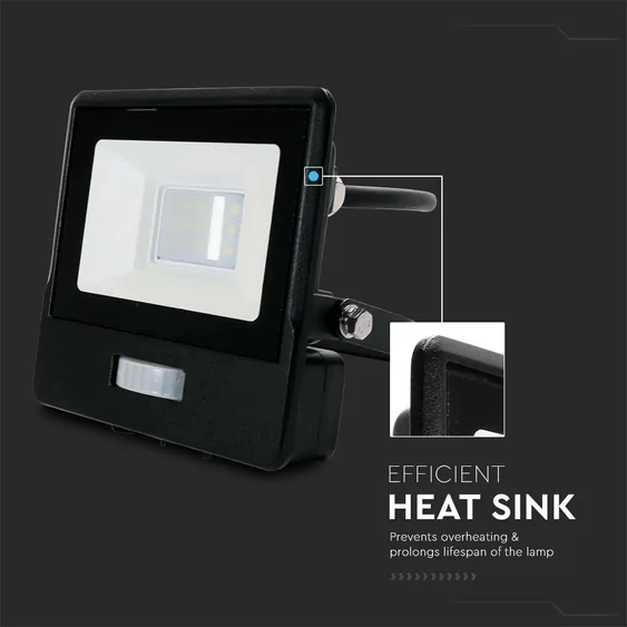 V-TAC beépített mozgásérzékelős LED reflektor 10W meleg fehér, fekete házzal - SKU 20280