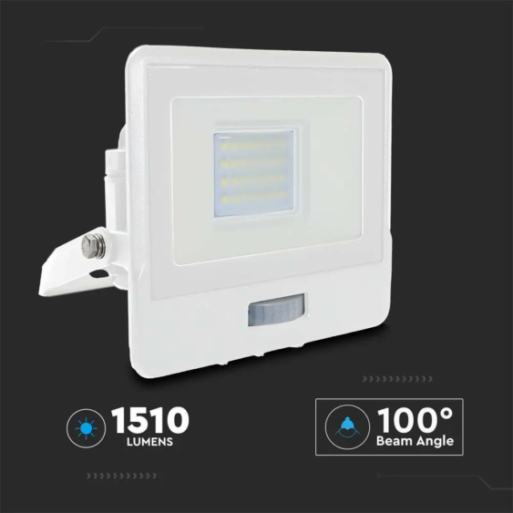 V-TAC beépített mozgásérzékelős LED reflektor 20W hideg fehér, fehér házzal - SKU 20273