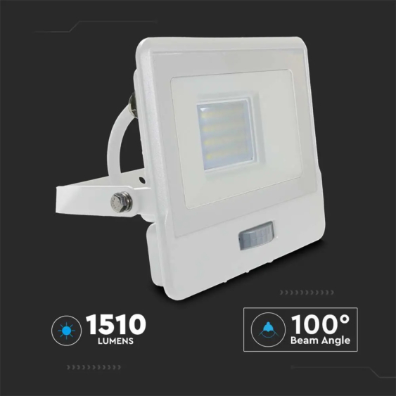V-TAC beépített mozgásérzékelős LED reflektor 20W hideg fehér, fehér házzal - SKU 20297