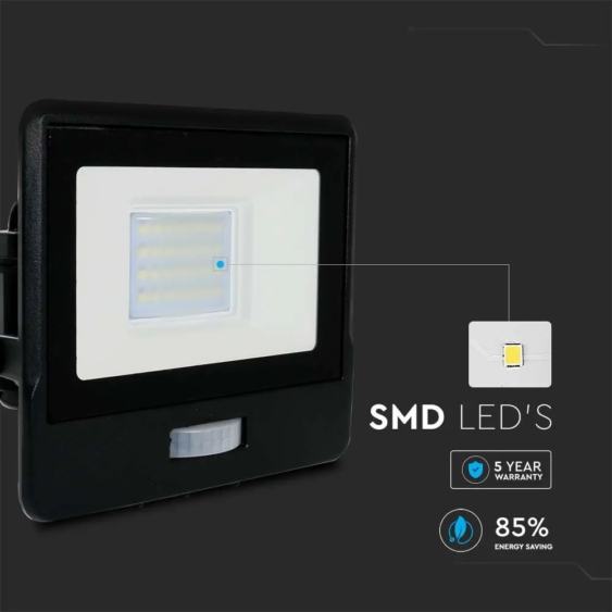V-TAC beépített mozgásérzékelős LED reflektor 20W hideg fehér, fekete házzal - SKU 20261