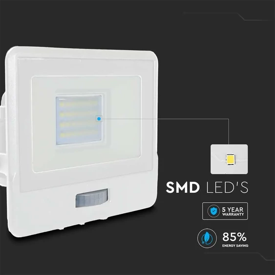 V-TAC beépített mozgásérzékelős LED reflektor 20W meleg fehér, fehér házzal - SKU 20271