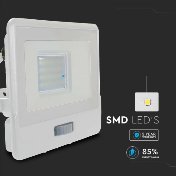 V-TAC beépített mozgásérzékelős LED reflektor 20W meleg fehér, fehér házzal - SKU 20295