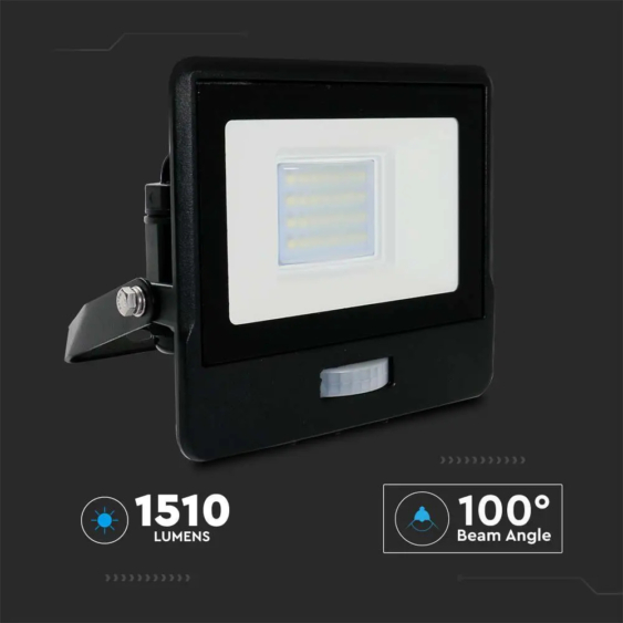V-TAC beépített mozgásérzékelős LED reflektor 20W meleg fehér, fekete házzal - SKU 20259