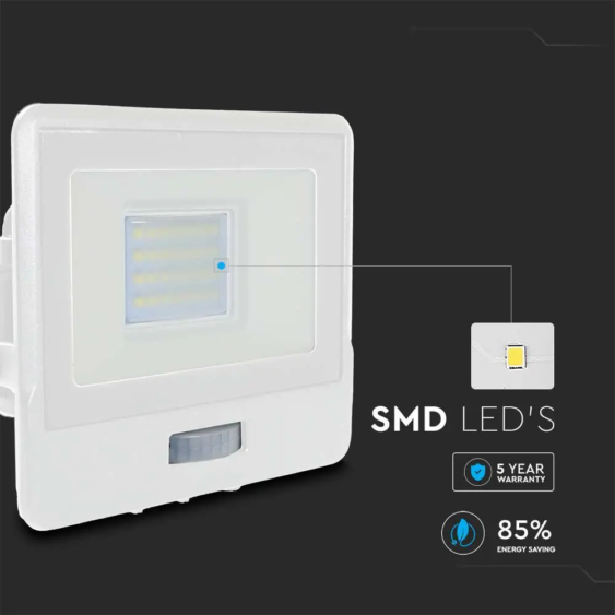 V-TAC beépített mozgásérzékelős LED reflektor 20W természetes fehér, fehér házzal - SKU 20272