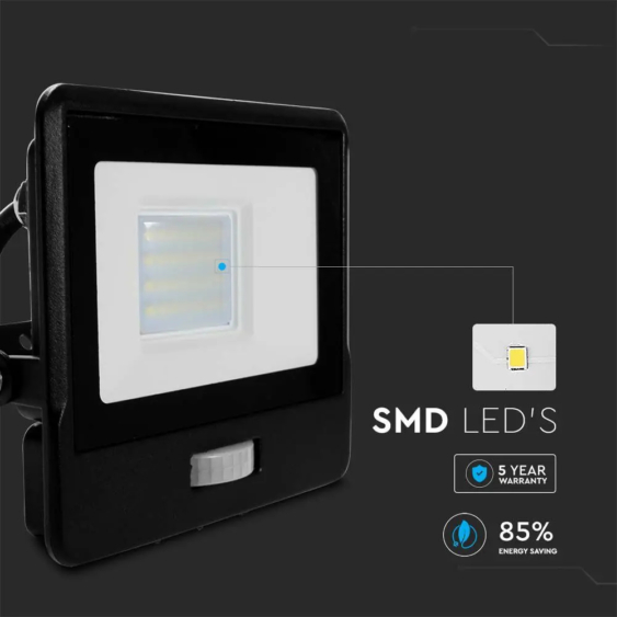 V-TAC beépített mozgásérzékelős LED reflektor 20W természetes fehér, fekete házzal - SKU 20284