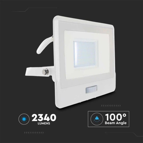 V-TAC beépített mozgásérzékelős LED reflektor 30W hideg fehér, fehér házzal - SKU 20300