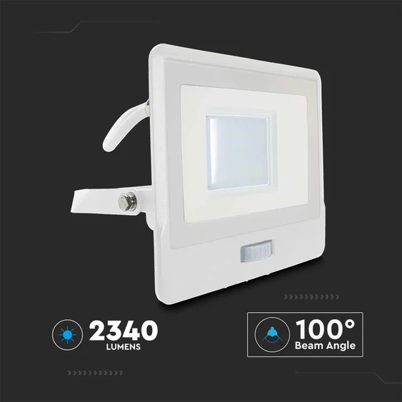 V-TAC beépített mozgásérzékelős LED reflektor 30W meleg fehér, fehér házzal - SKU 20298