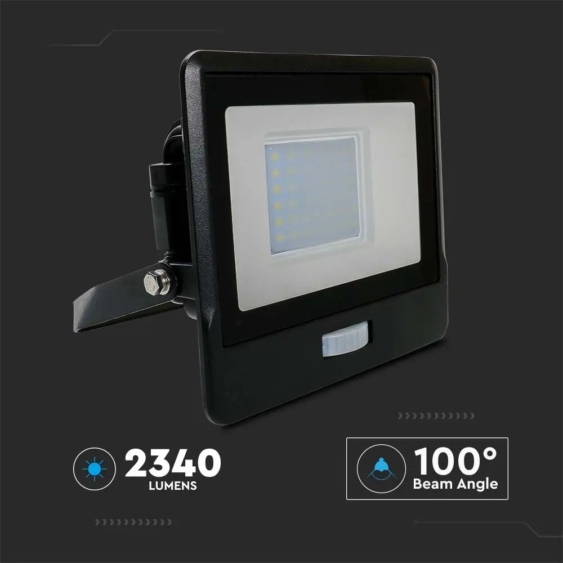 V-TAC beépített mozgásérzékelős LED reflektor 30W meleg fehér, fekete házzal - SKU 20262