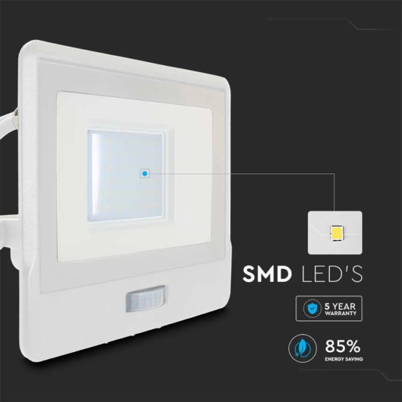 V-TAC beépített mozgásérzékelős LED reflektor 30W természetes fehér, fehér házzal - SKU 20299