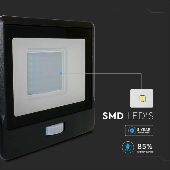 V-TAC beépített mozgásérzékelős LED reflektor 30W természetes fehér, fekete házzal - SKU 20263