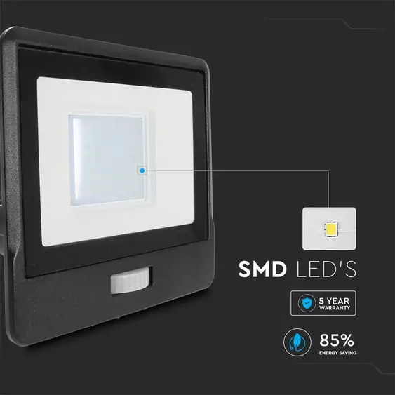 V-TAC beépített mozgásérzékelős LED reflektor 30W természetes fehér, fekete házzal - SKU 20287