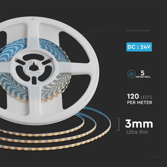 V-TAC DC24V 3mm széles LED szalag, SMD 2835, 120 LED/m, kettős PCB, Hideg fehér - SKU 23026