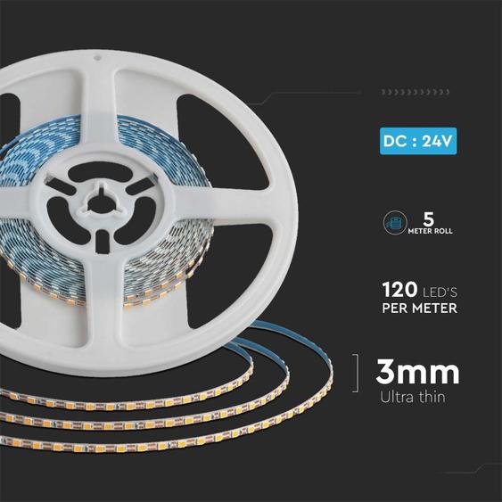 V-TAC DC24V 3mm széles LED szalag, SMD 2835, 120 LED/m, kettős PCB, Meleg fehér - SKU 23024