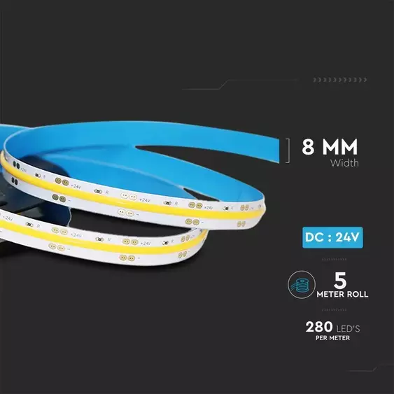 V-TAC DC24V COB LED szalag IP20, 280 db/m hideg fehér - SKU 212654