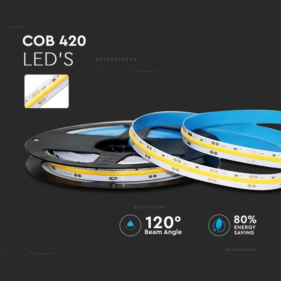 V-TAC DC24V COB LED szalag IP20, 420 db/m meleg fehér - SKU 2667