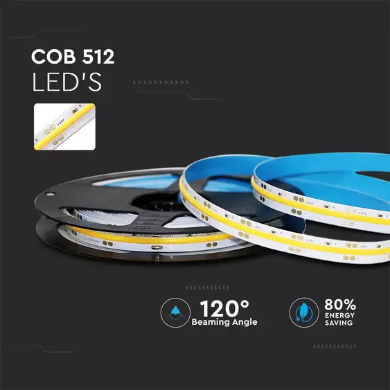 V-TAC DC24V COB LED szalag IP20, 512 db/m hideg fehér - SKU 2651