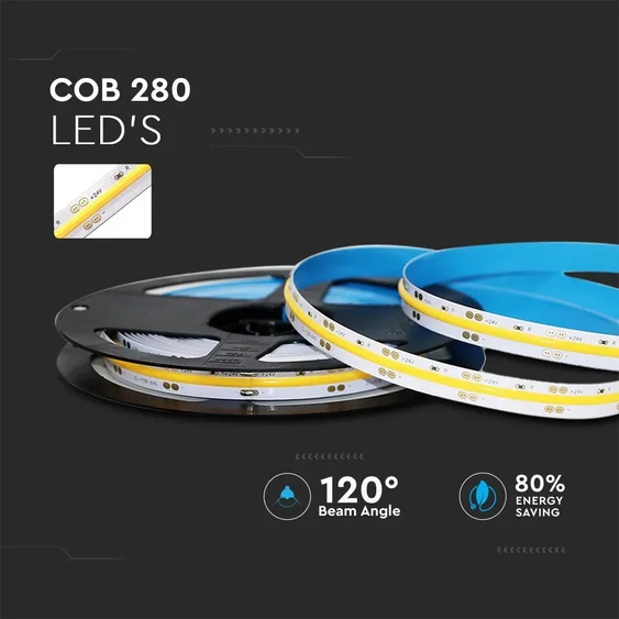 V-TAC DC24V COB LED szalag szett IP20, 280 db/m, Meleg fehér - SKU 2673