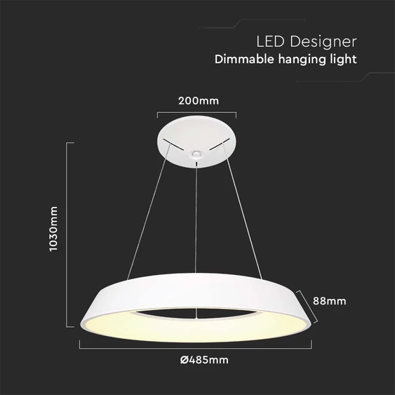 V-TAC dimmelhető 48W designer körcsillár, meleg fehér, fehér házzal, 100 Lm/W - SKU 6903